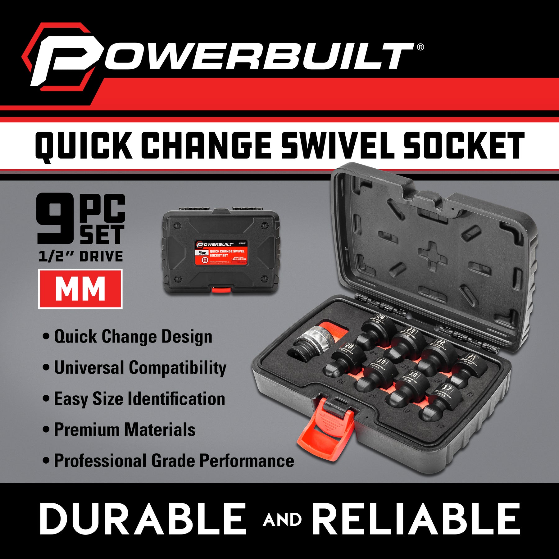 9 Piece 1/2" Dr. Metric Quick-Change Swivel Socket Set With Adapter