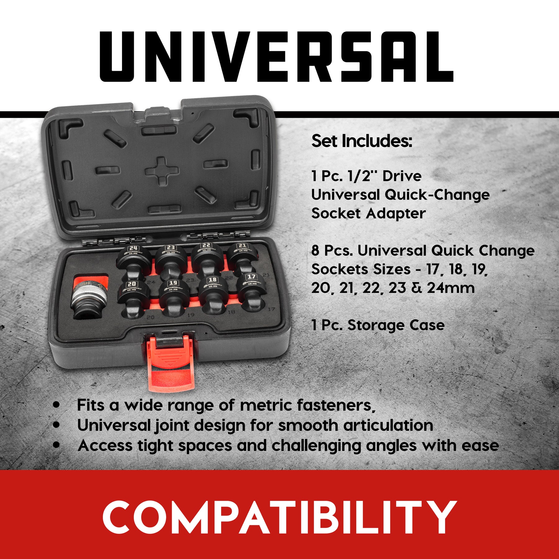 9 Piece 1/2" Dr. Metric Quick-Change Swivel Socket Set With Adapter