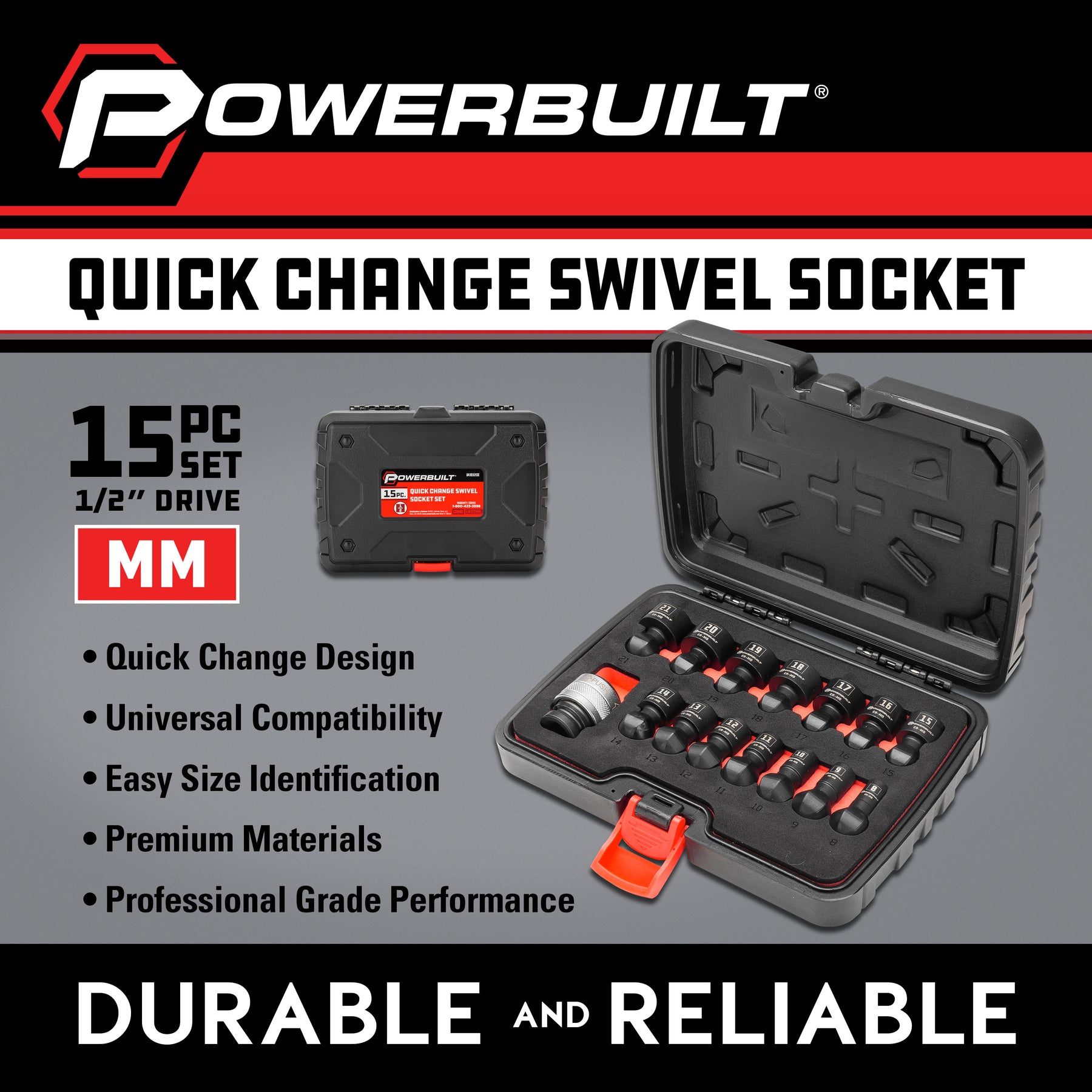15 Piece 1/2" Dr. Metric Quick-Change Swivel Socket Set With Adapter