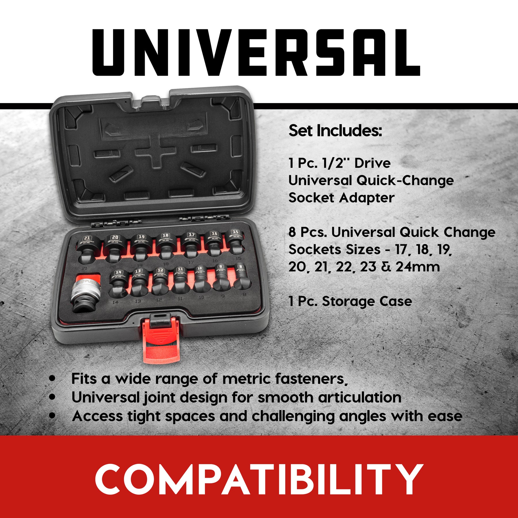 15 Piece 1/2" Dr. Metric Quick-Change Swivel Socket Set With Adapter