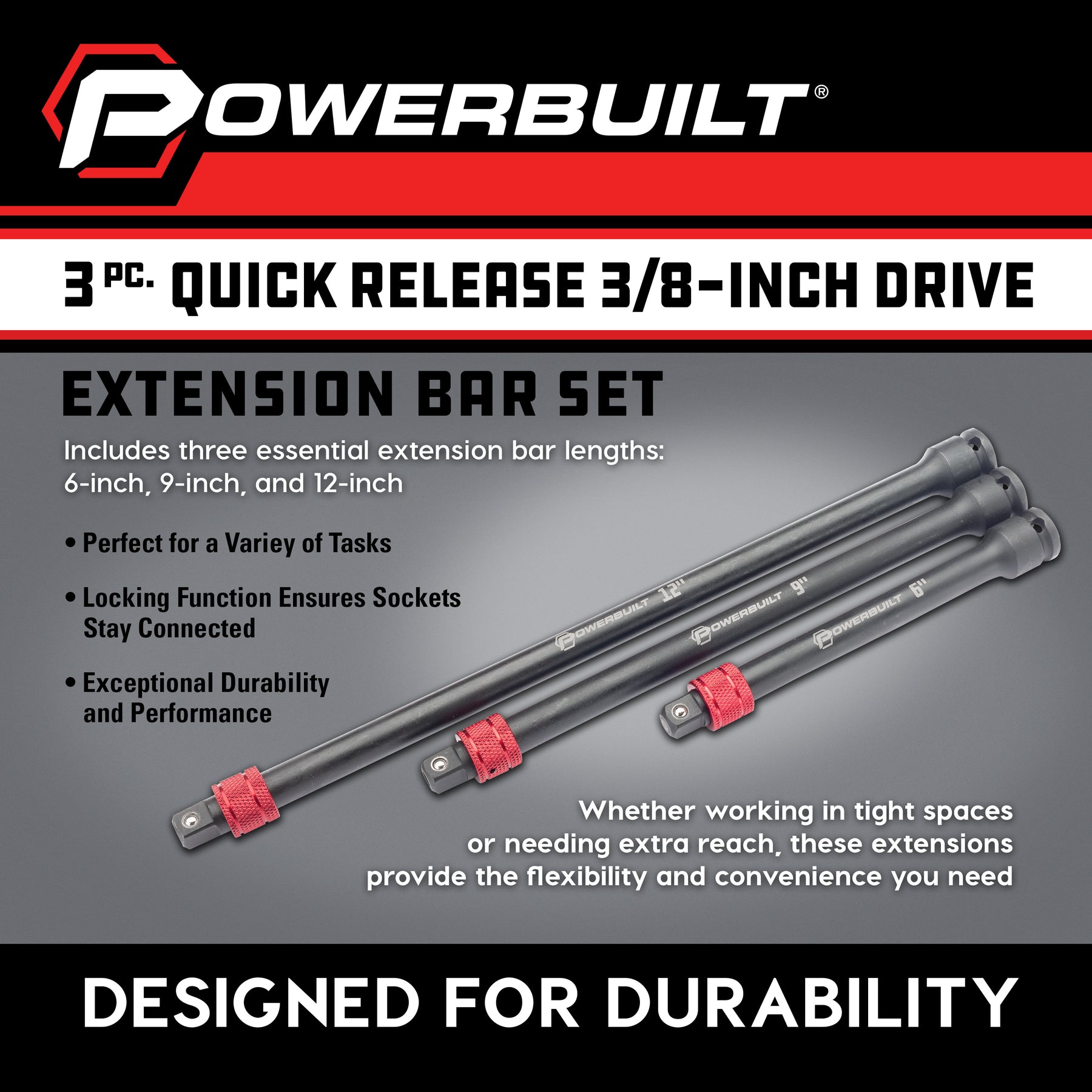 3 Piece Quick Release 3/8-Inch Drive Extension Bar Set
