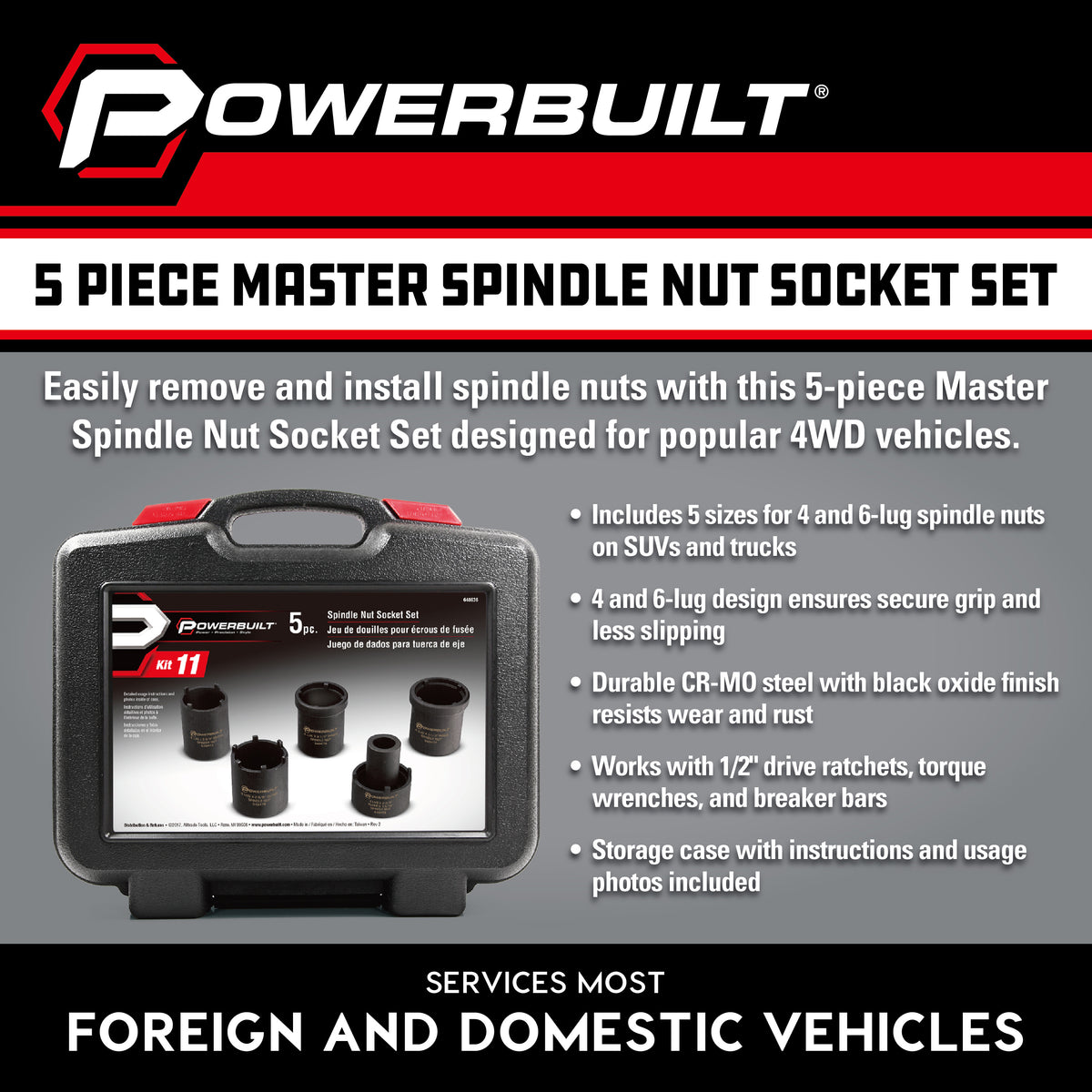 5 Piece Spindle Nut Socket Kit
