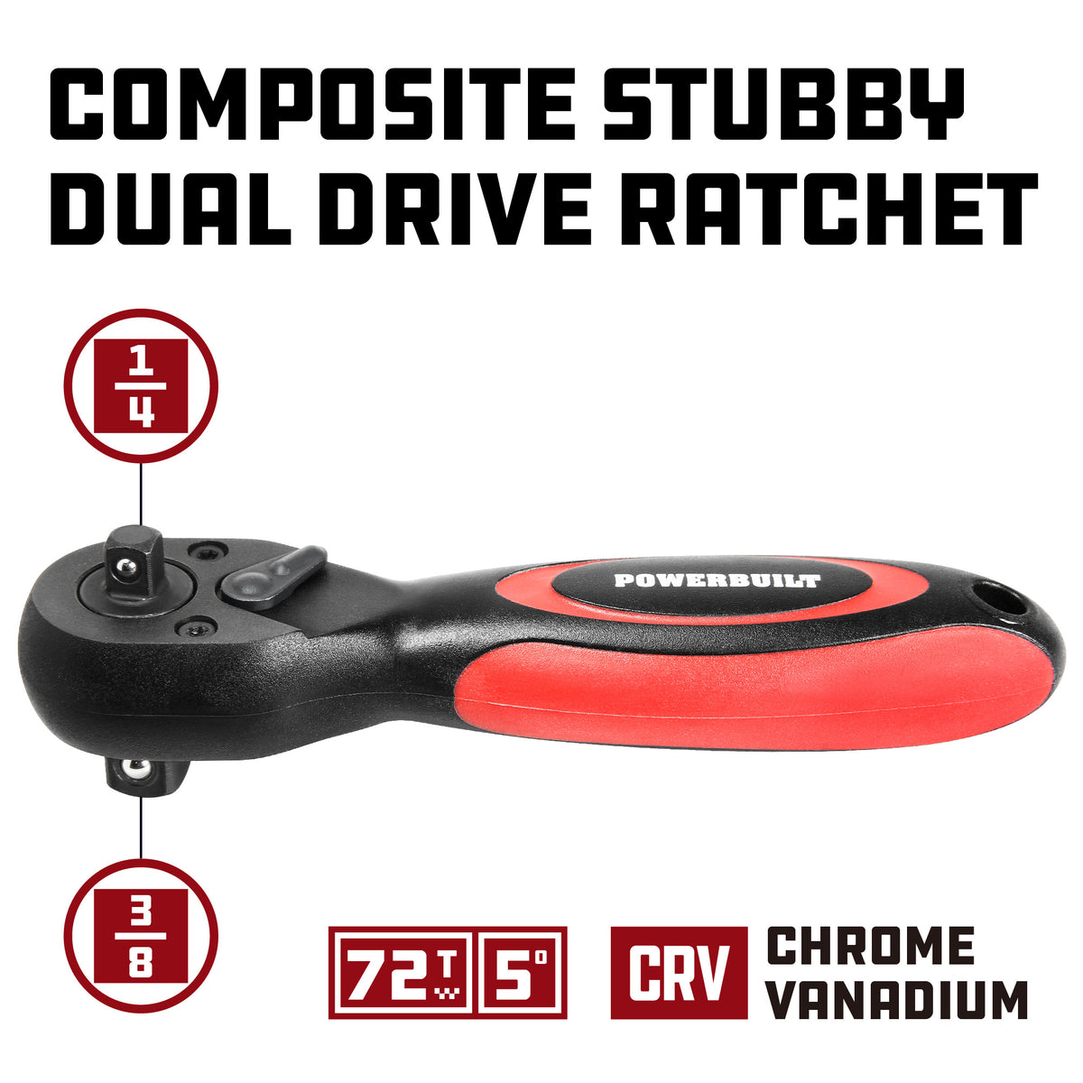 3/8 Inch by 1/2 Inch Drive Composite Stubby Ratchet