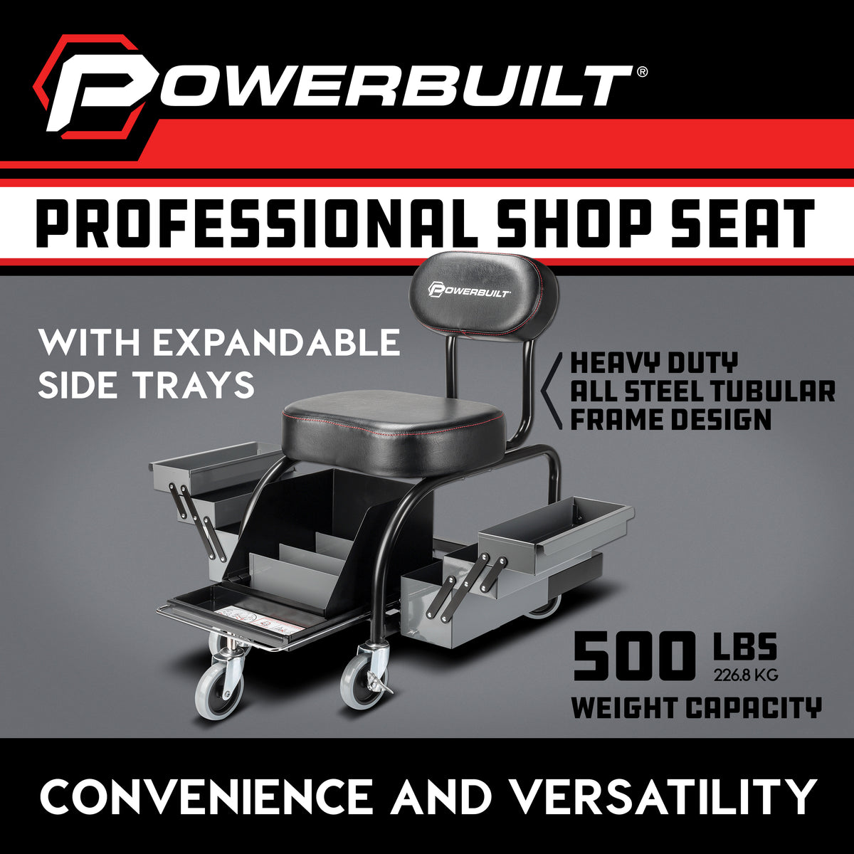 Professional Shop Seat With Expandable Side Trays