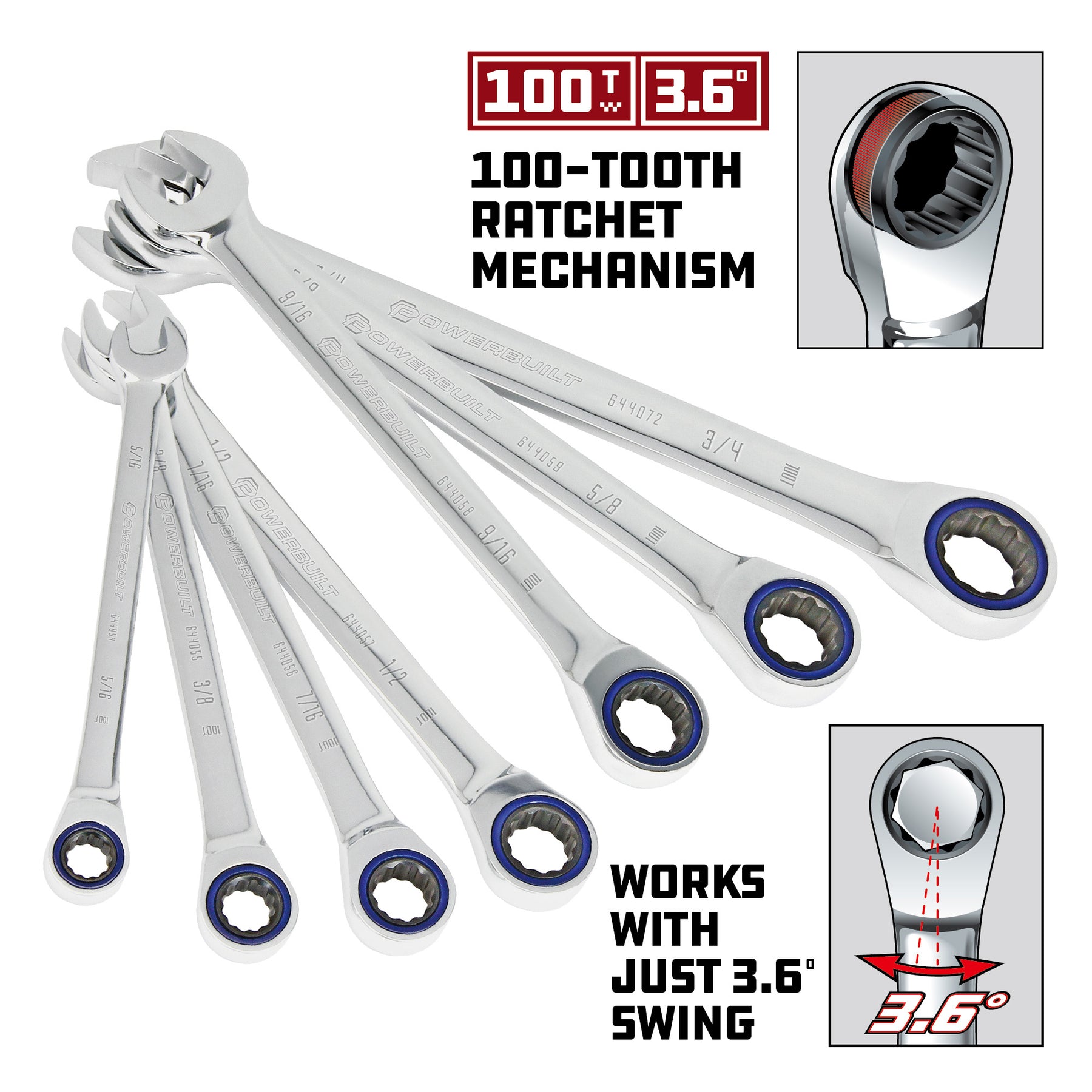 7 Piece SAE 100 Tooth Ratcheting Wrench Set