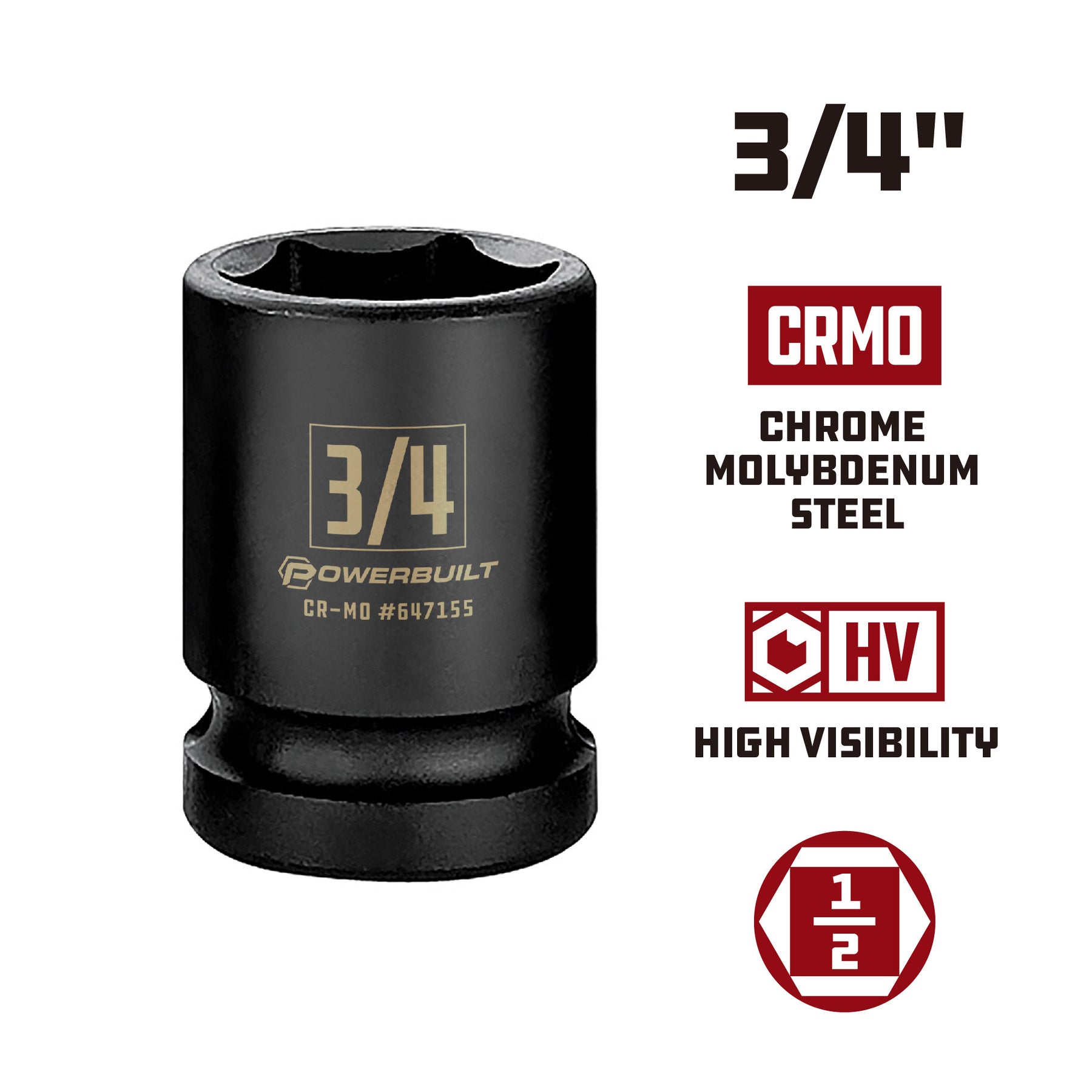 1/2 Inch Drive x 3/4 Inch 6 Point Impact Socket