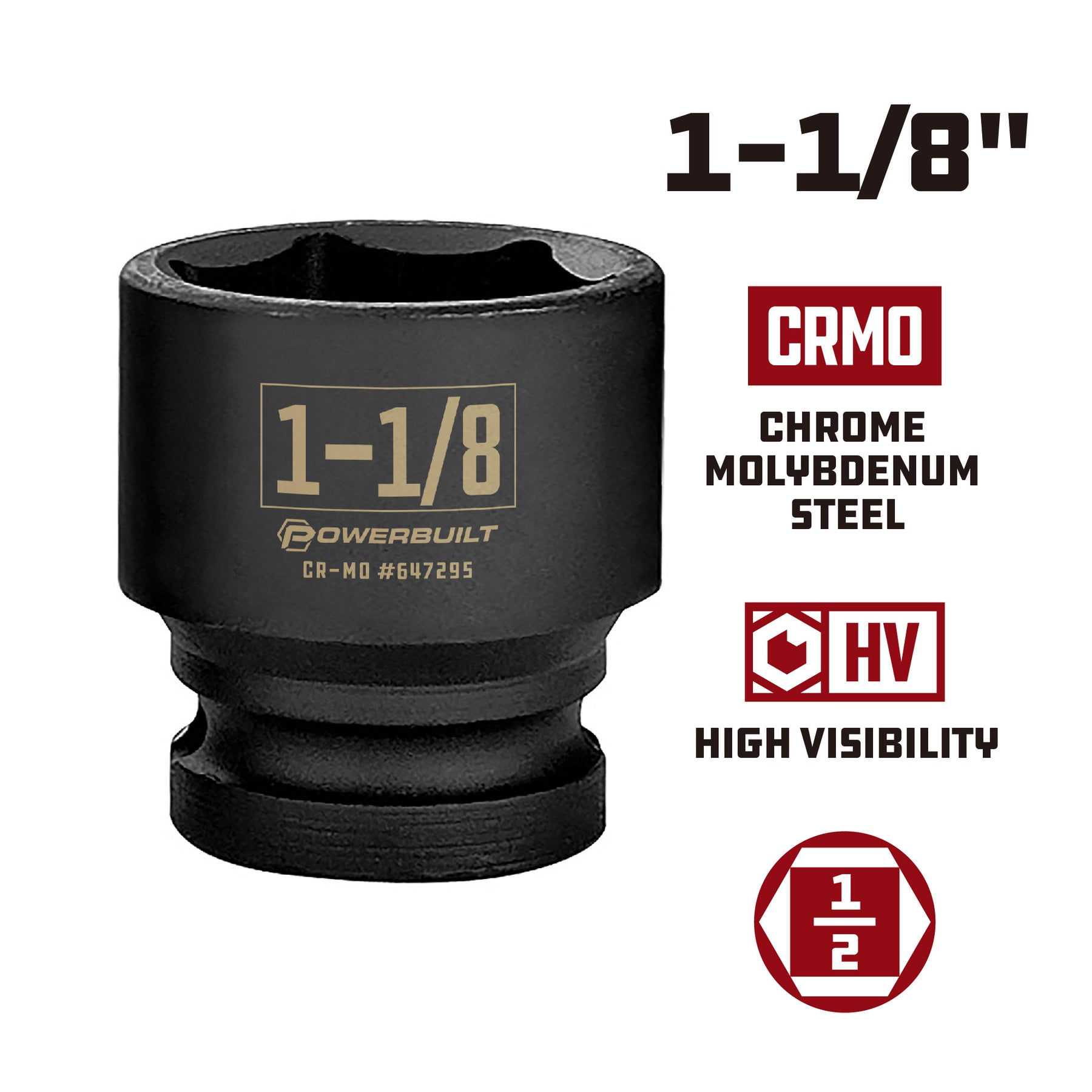1/2 Inch Drive x 1-1/8 Inch 6 Point Impact Socket