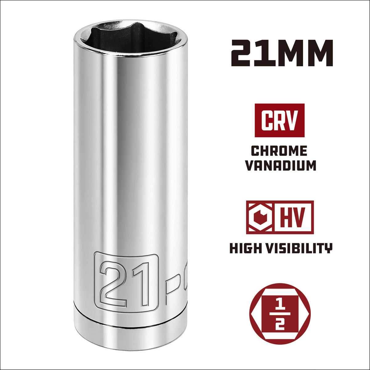 1/2 Inch Drive x 21 MM 6 Point Deep Socket