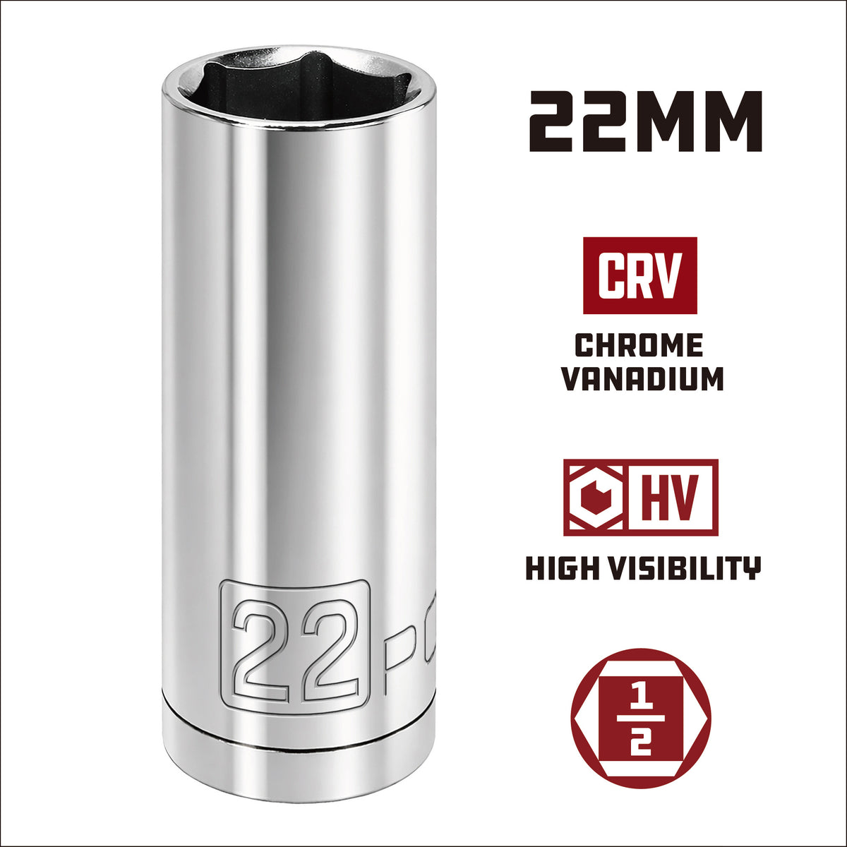 1/2 Inch Drive x 22 MM 6 Point Deep Socket