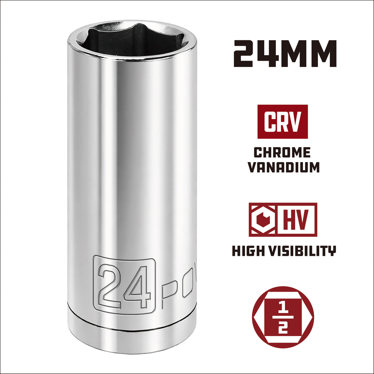 1/2 Inch Drive x 24 MM 6 Point Deep Socket
