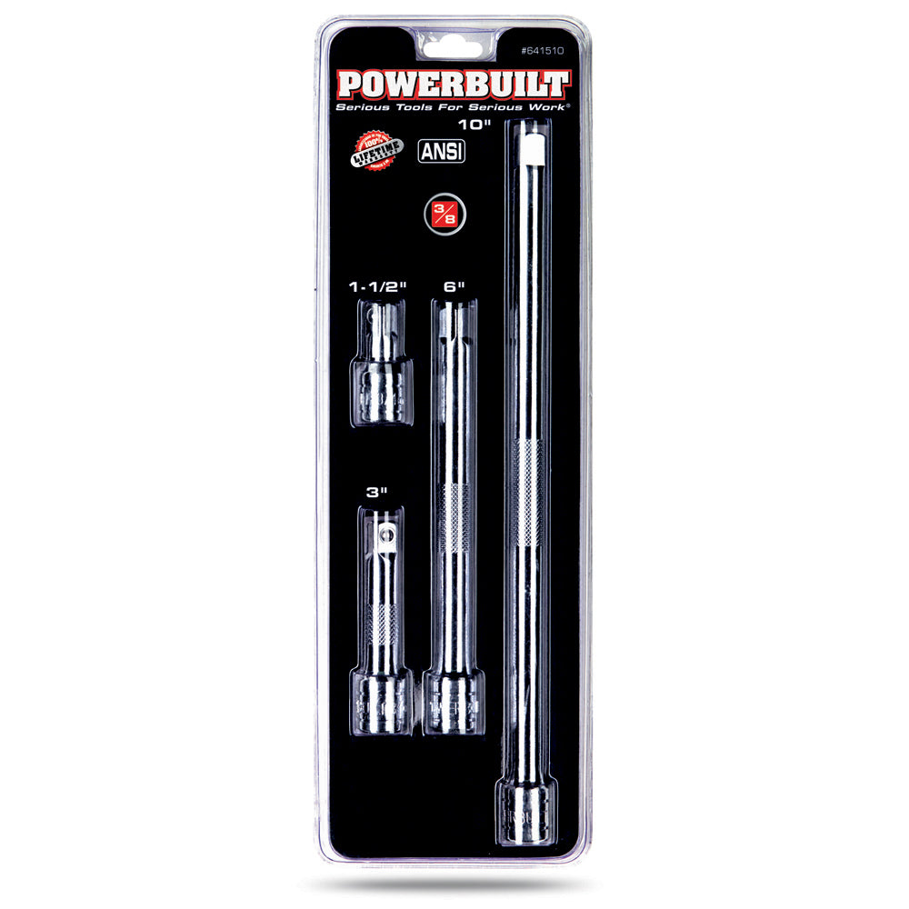 Powerbuilt 4 Piece Extension Bar Set, 3/8 Inch Drive, Socket Extender Bars,  1-3/4, 3, 6, and 8 Inch, Detent Ball, Grease Rings, Non-Slip Grip - 640844
