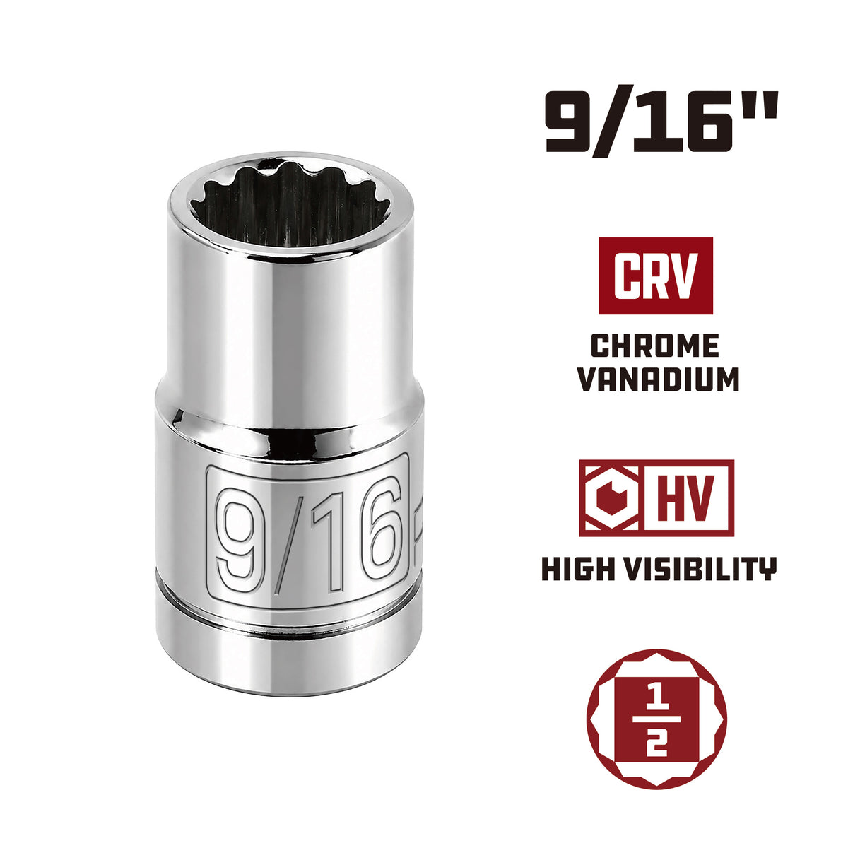 1/2 Inch Drive x 9/16 Inch 12 Point Shallow Socket