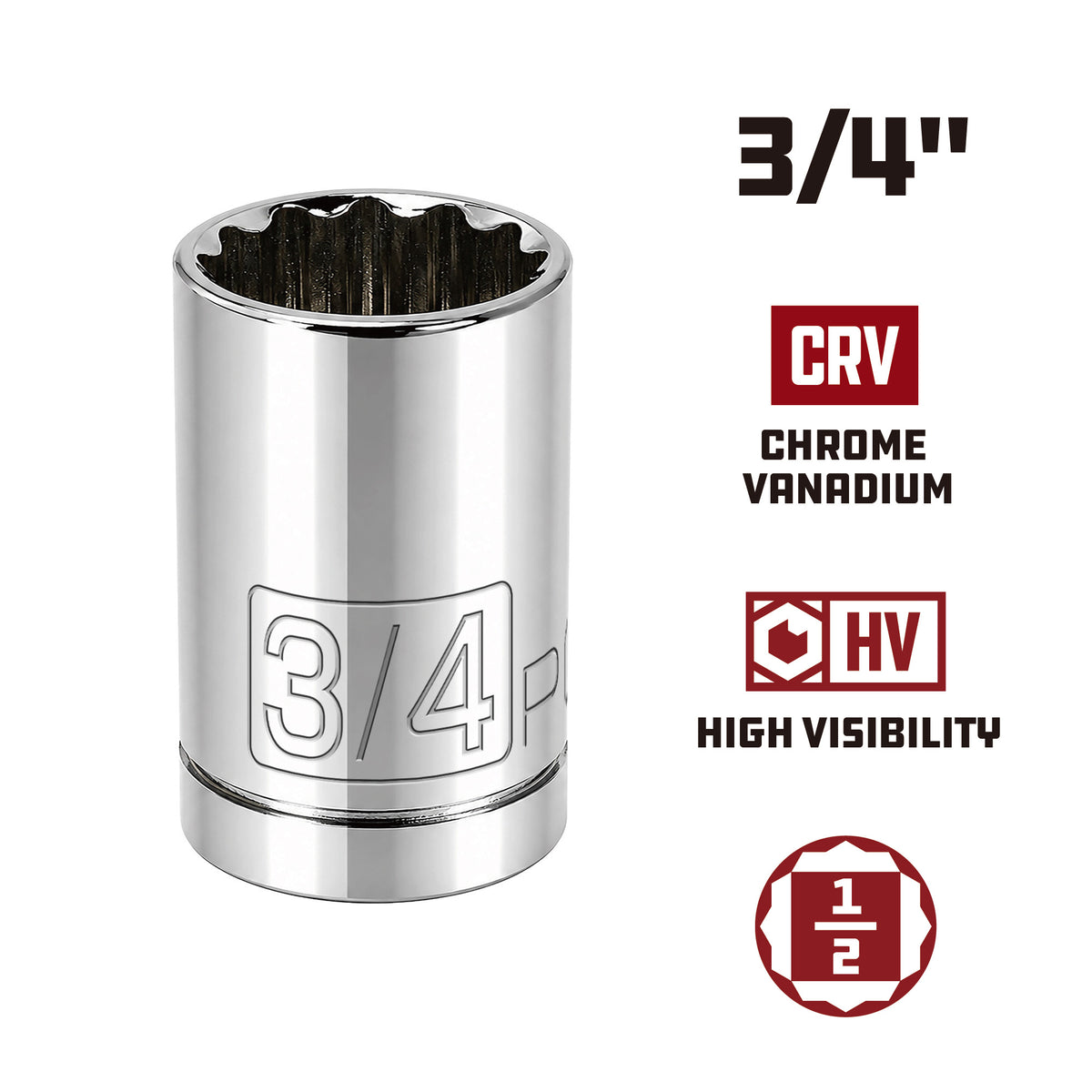 1/2 Inch Drive x 3/4 Inch 12 Point Shallow Socket
