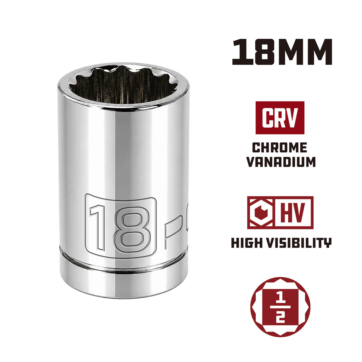 1/2 Inch Drive x 18 MM 12 Point Shallow Socket