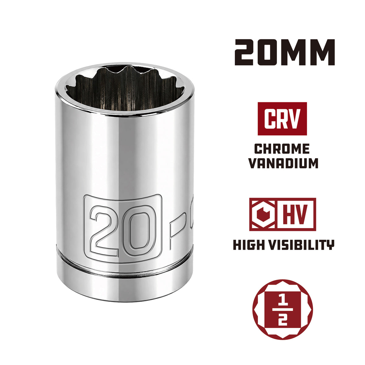 1/2 Inch Drive x 20 MM 12 Point Shallow Socket