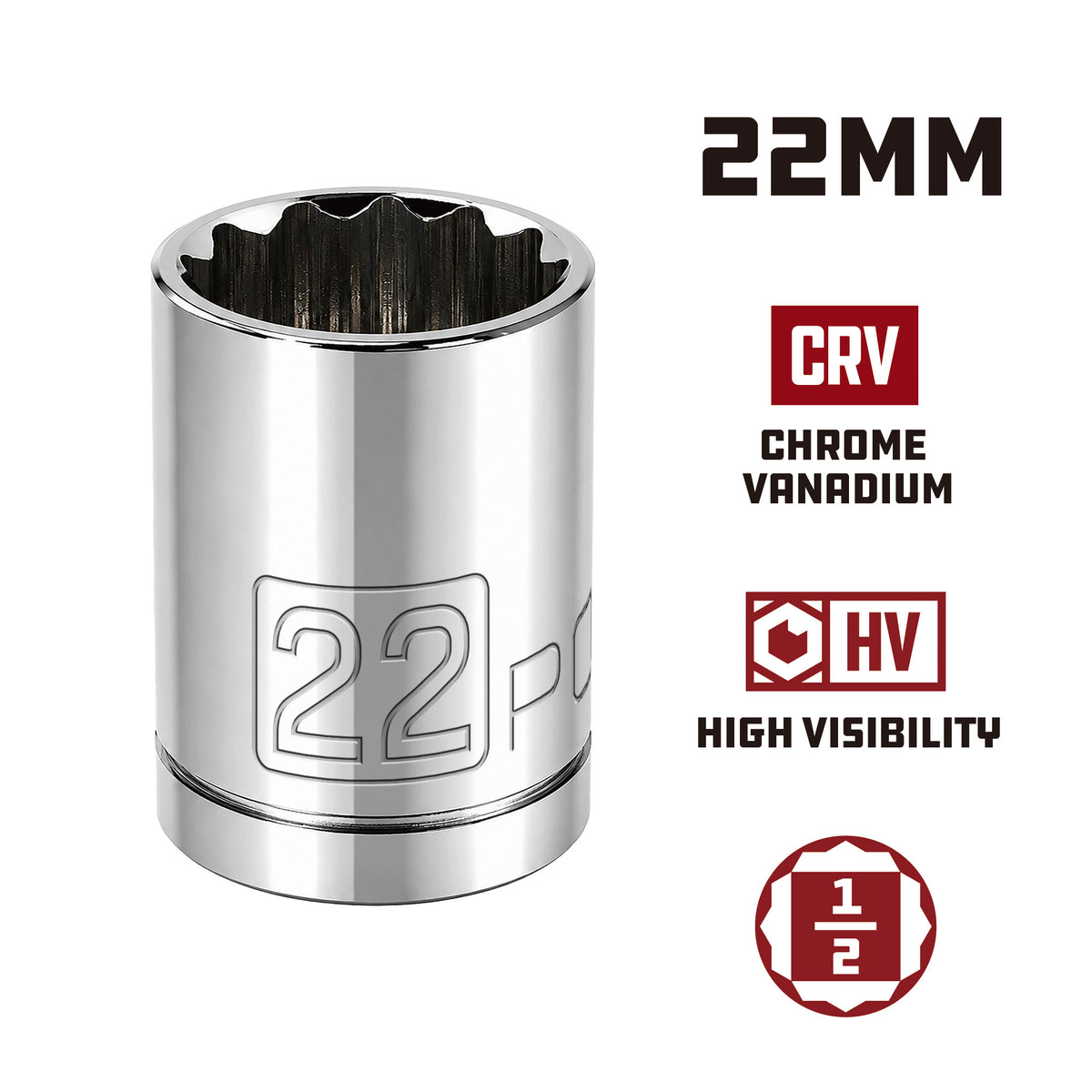 1/2 Inch Drive x 22 MM 12 Point Shallow Socket