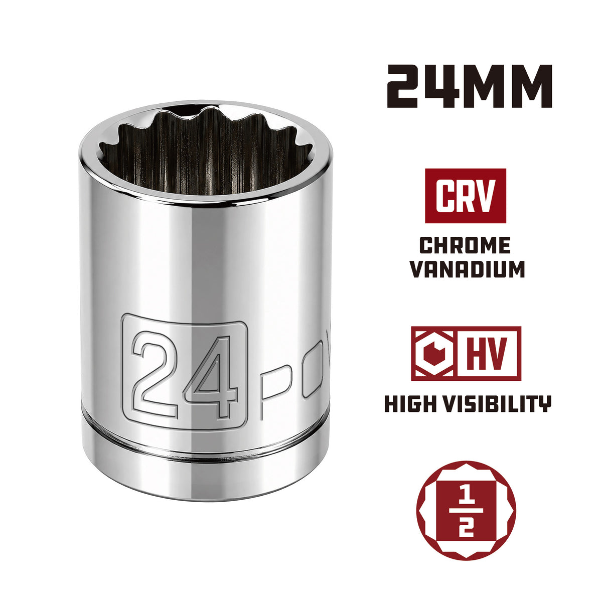 1/2 Inch Drive x 24 MM 12 Point Shallow Socket