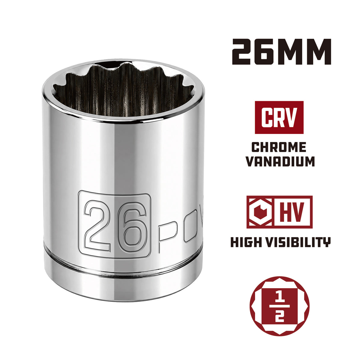 1/2 Inch Drive x 26 MM 12 Point Shallow Socket