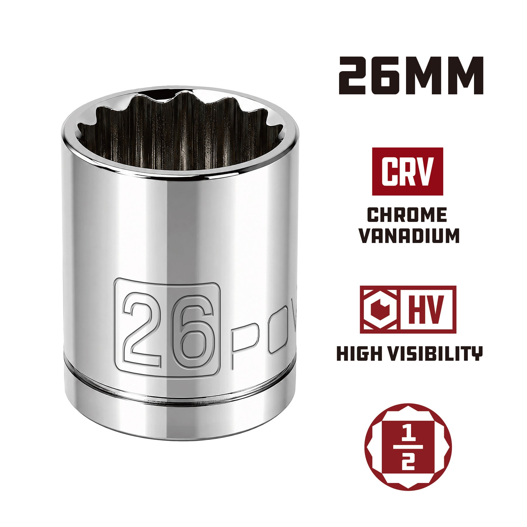 1/2 Inch Drive x 26 MM 12 Point Shallow Socket