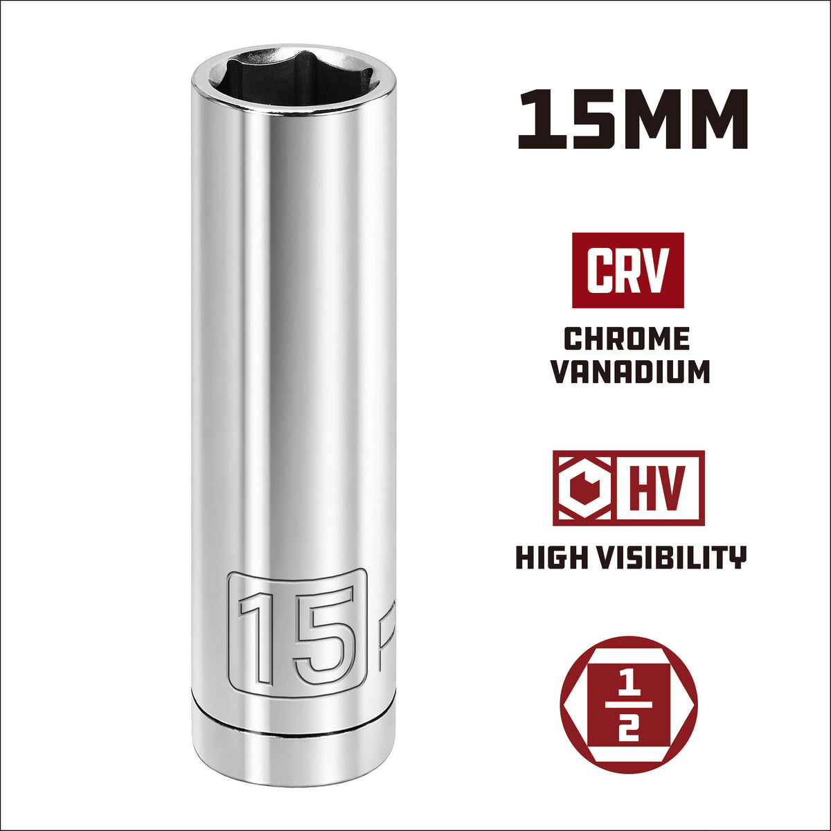 1/2 Inch Drive x 15 MM 6 Point Deep Socket