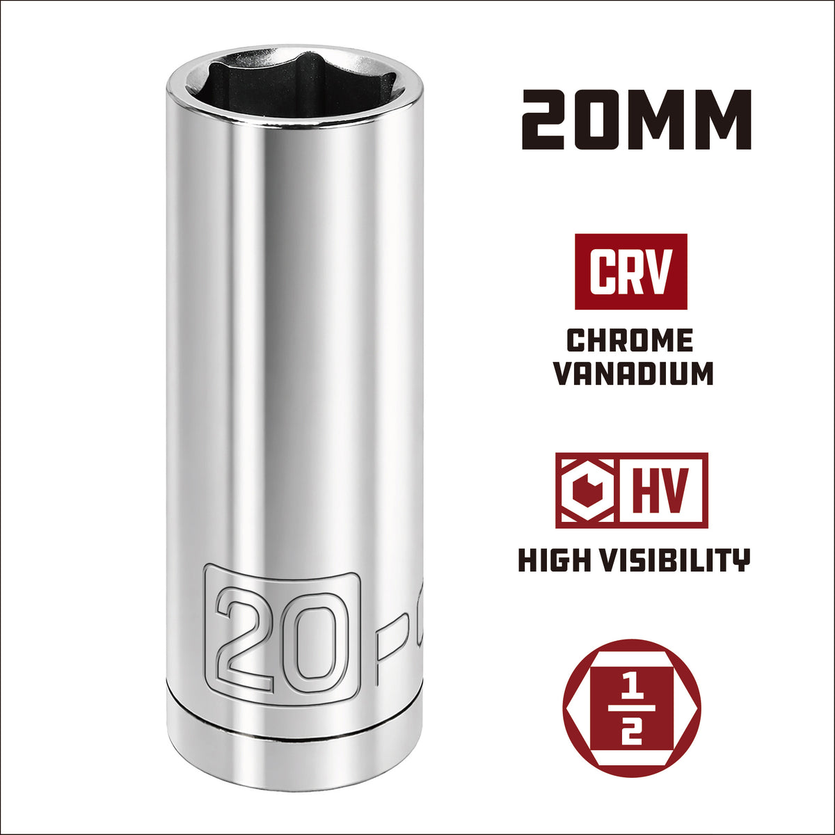 1/2 Inch Drive x 20 MM 6 Point Deep Socket