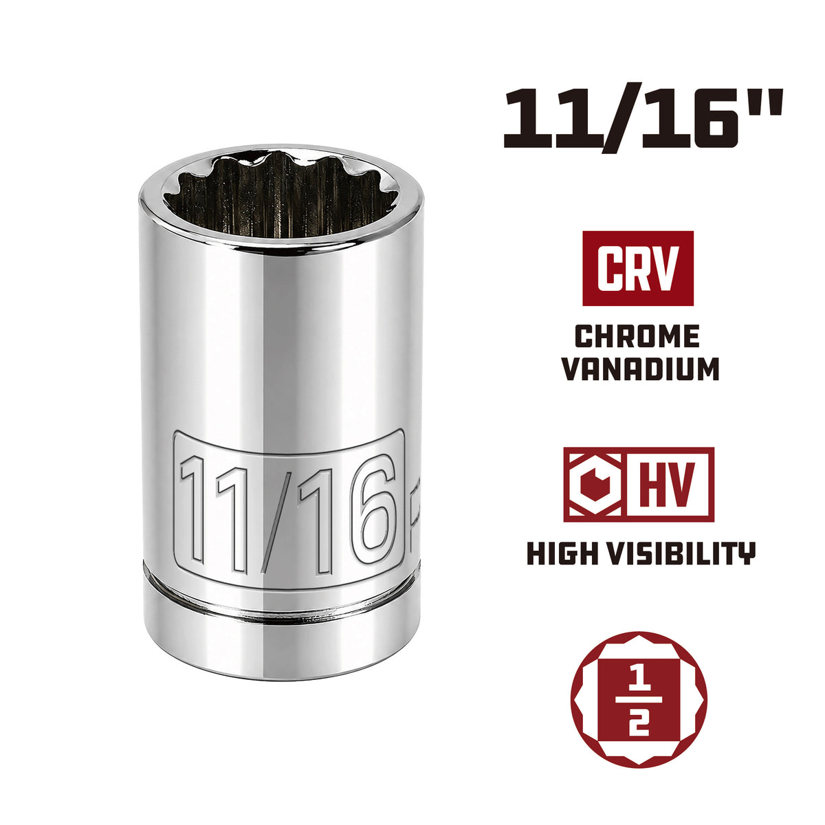1/2 Inch Drive x 11/16 Inch 12 Point Shallow Socket