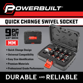 9 Piece 1/2" Dr. Metric Quick-Change Swivel Socket Set With Adapter