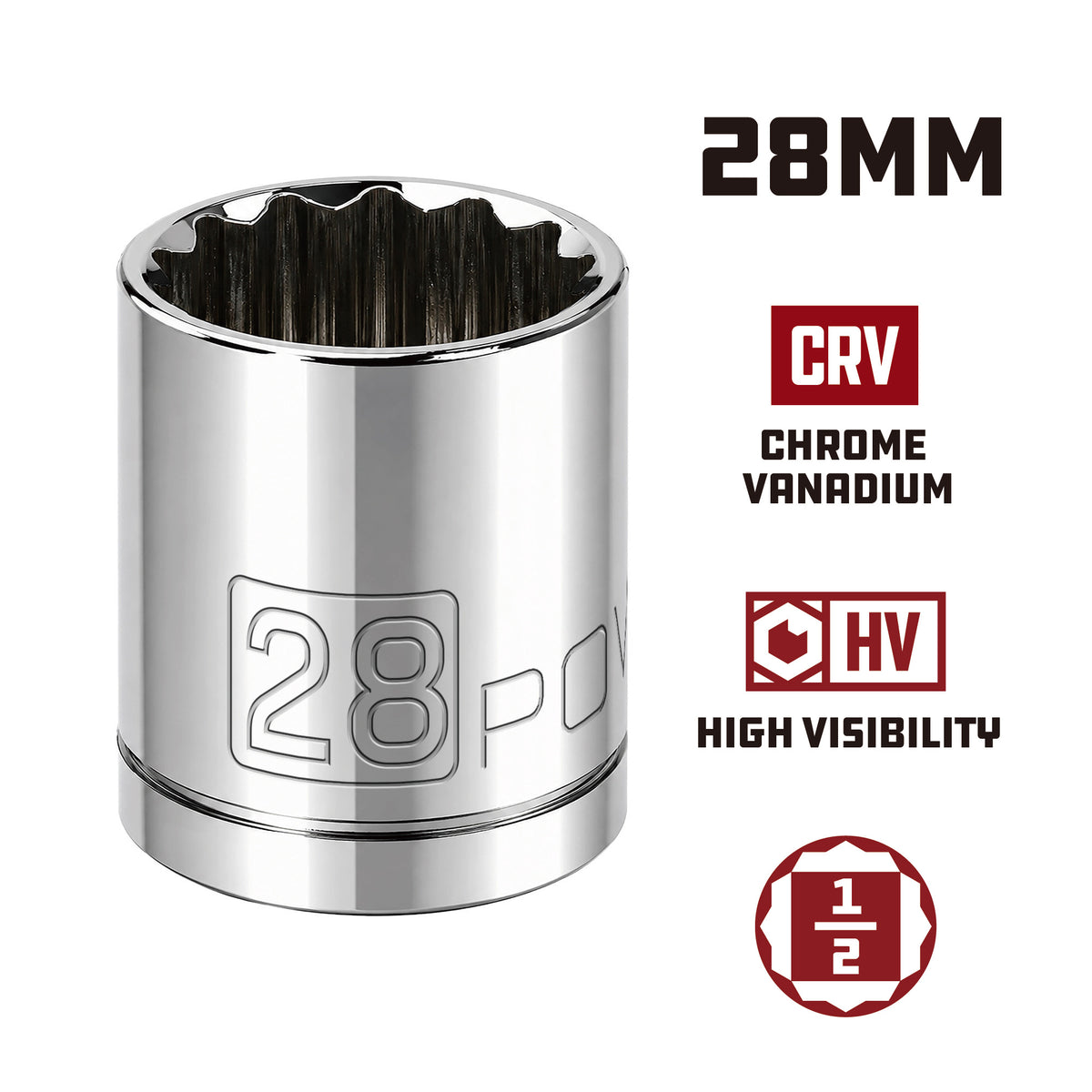 1/2 Inch Drive x 28 MM 12 Point Shallow Socket