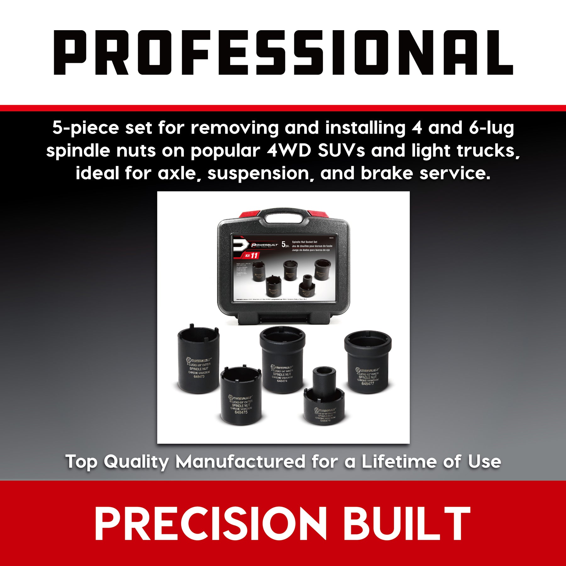 5 Piece Spindle Nut Socket Kit