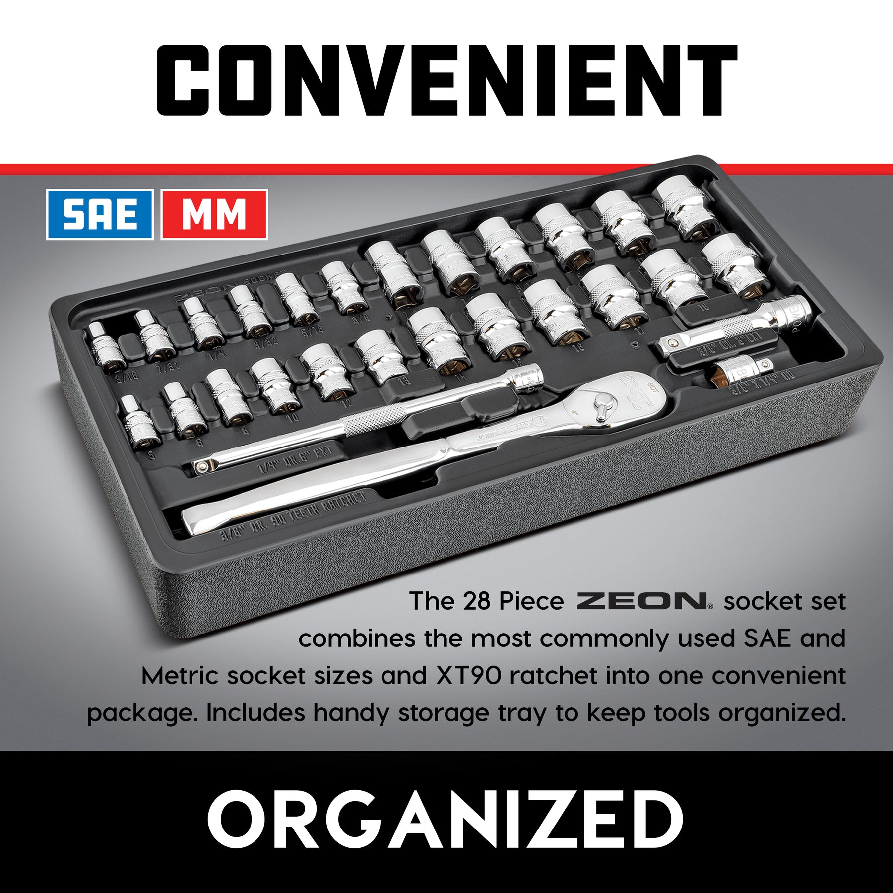 28 Piece 1/4 Inch & 3/8 Inch Drive Zeon Socket Set
