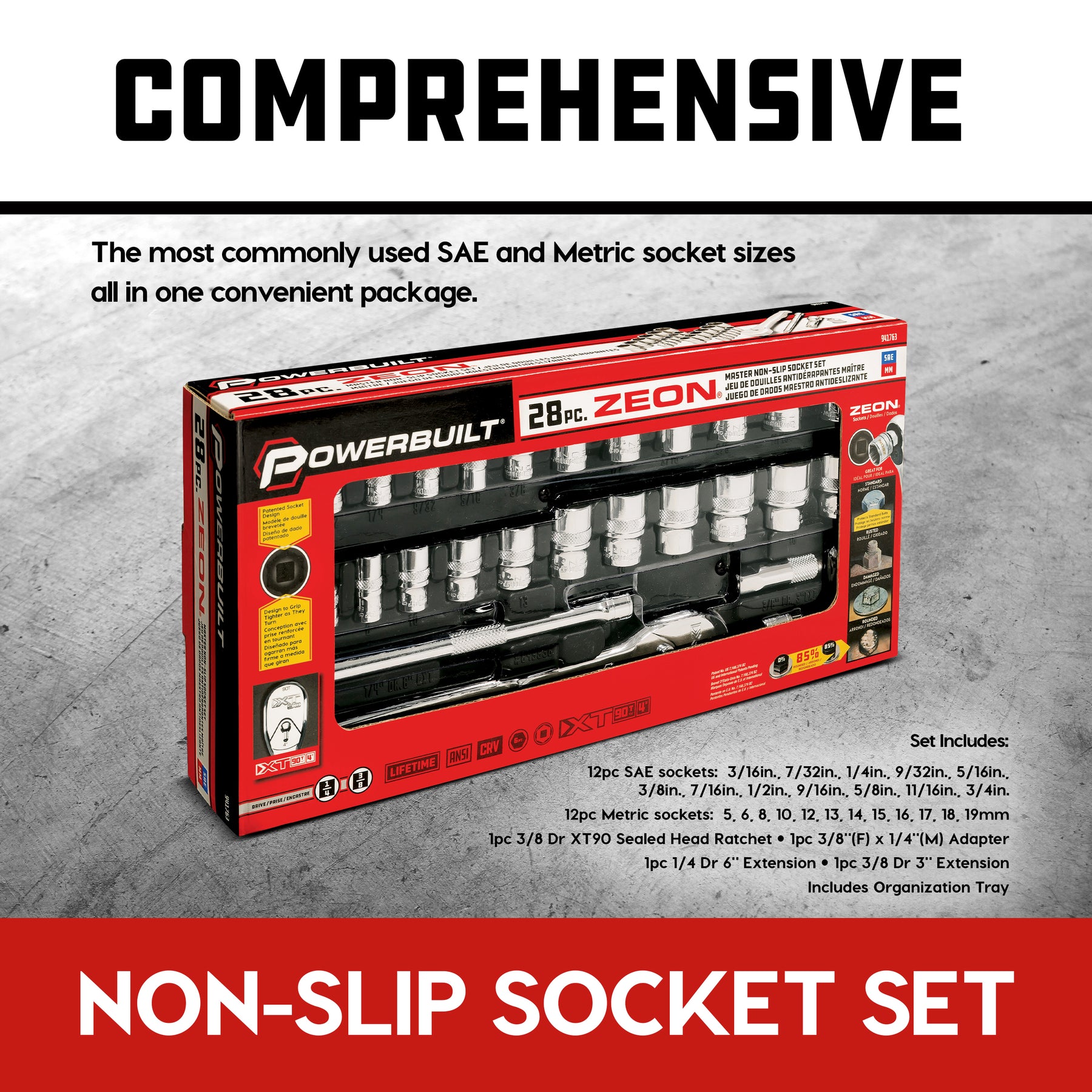 28 Piece SAE and Metric Zeon Socket Set for Damaged