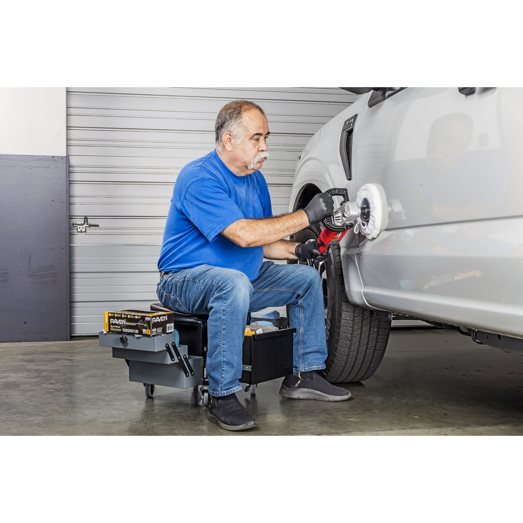 Deluxe Rolling Stool With Expandable  Tool Trays