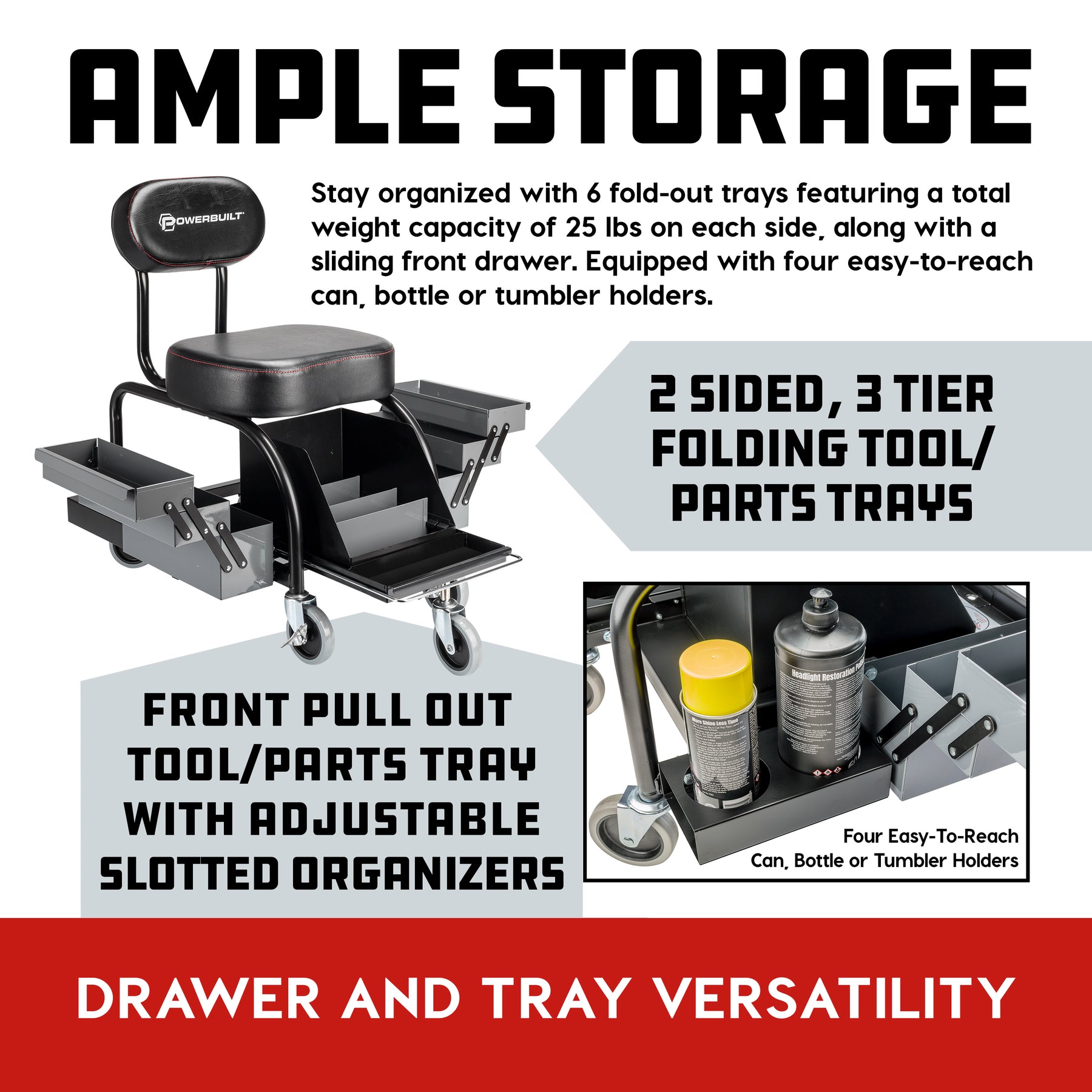 Professional Shop Seat With Expandable Side Trays