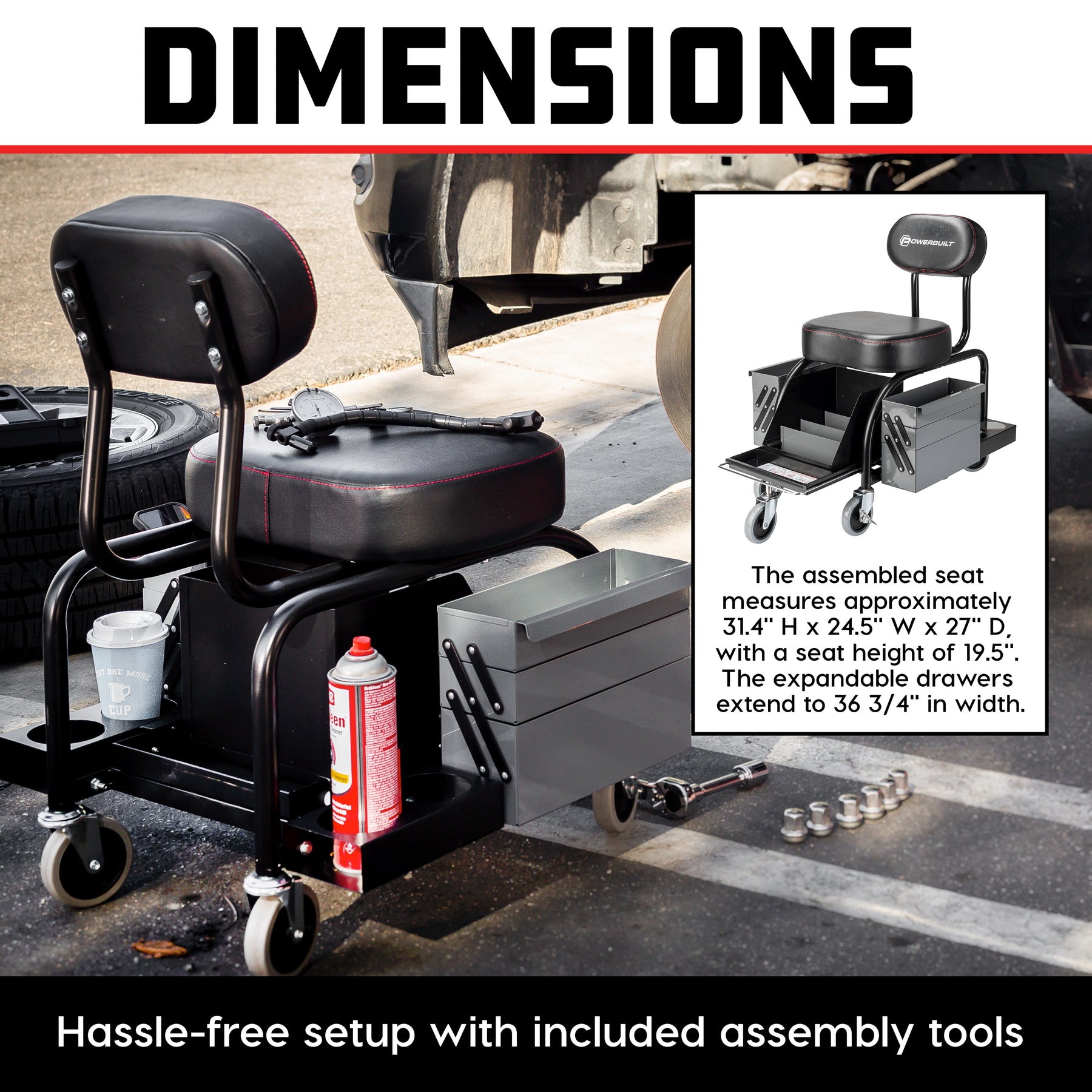 Professional Shop Seat With Expandable Side Trays