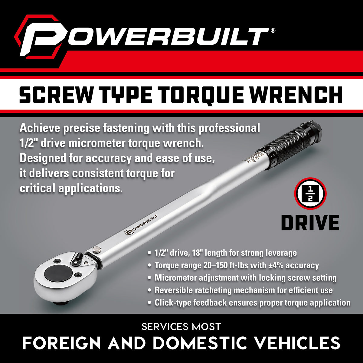 1/2 Inch Drive Screw Type Torque Wrench (20-150  FTLB)