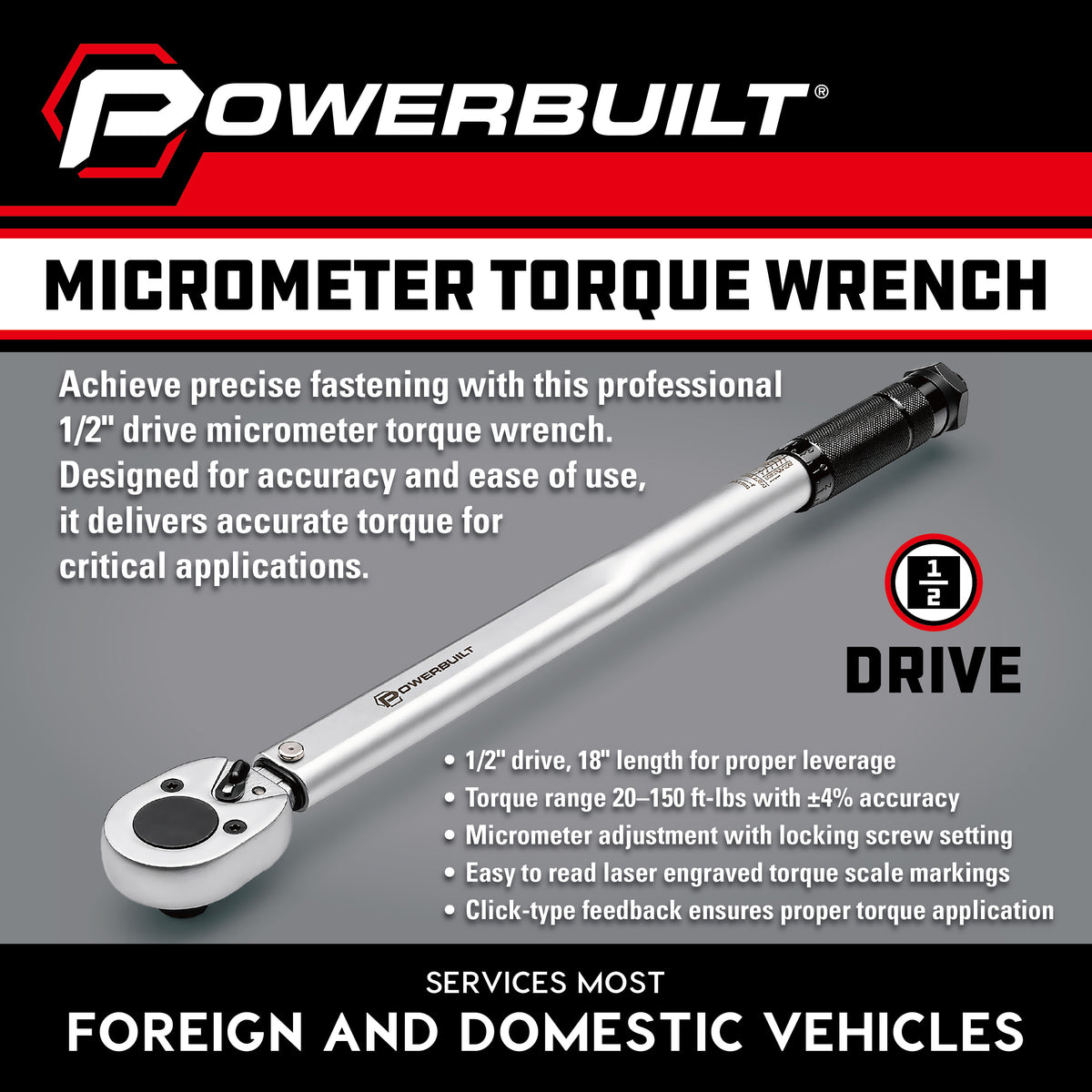 1/2 Inch Drive Screw Type Torque Wrench (20-150  FTLB)