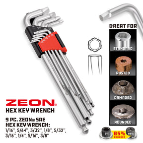 9 Piece Zeon SAE Hex Key Wrench Set for Damaged Fasteners