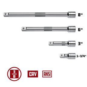 Powerbuilt 4 Piece Extension Bar Set, 3/8 Inch Drive, Socket Extender Bars,  1-3/4, 3, 6, and 8 Inch, Detent Ball, Grease Rings, Non-Slip Grip - 640844