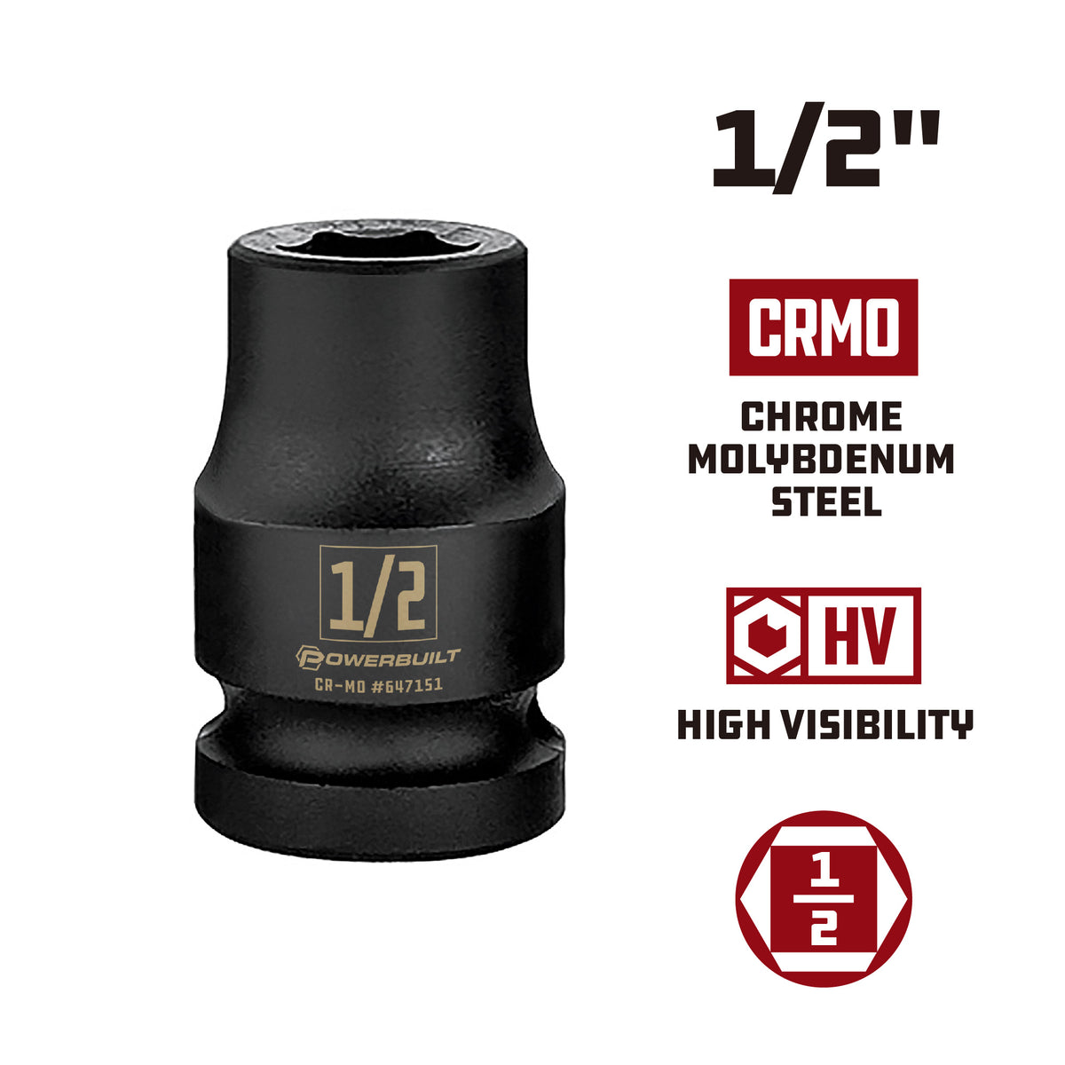 1/2 Inch Drive x 1/2 Inch 6 Point Impact Socket