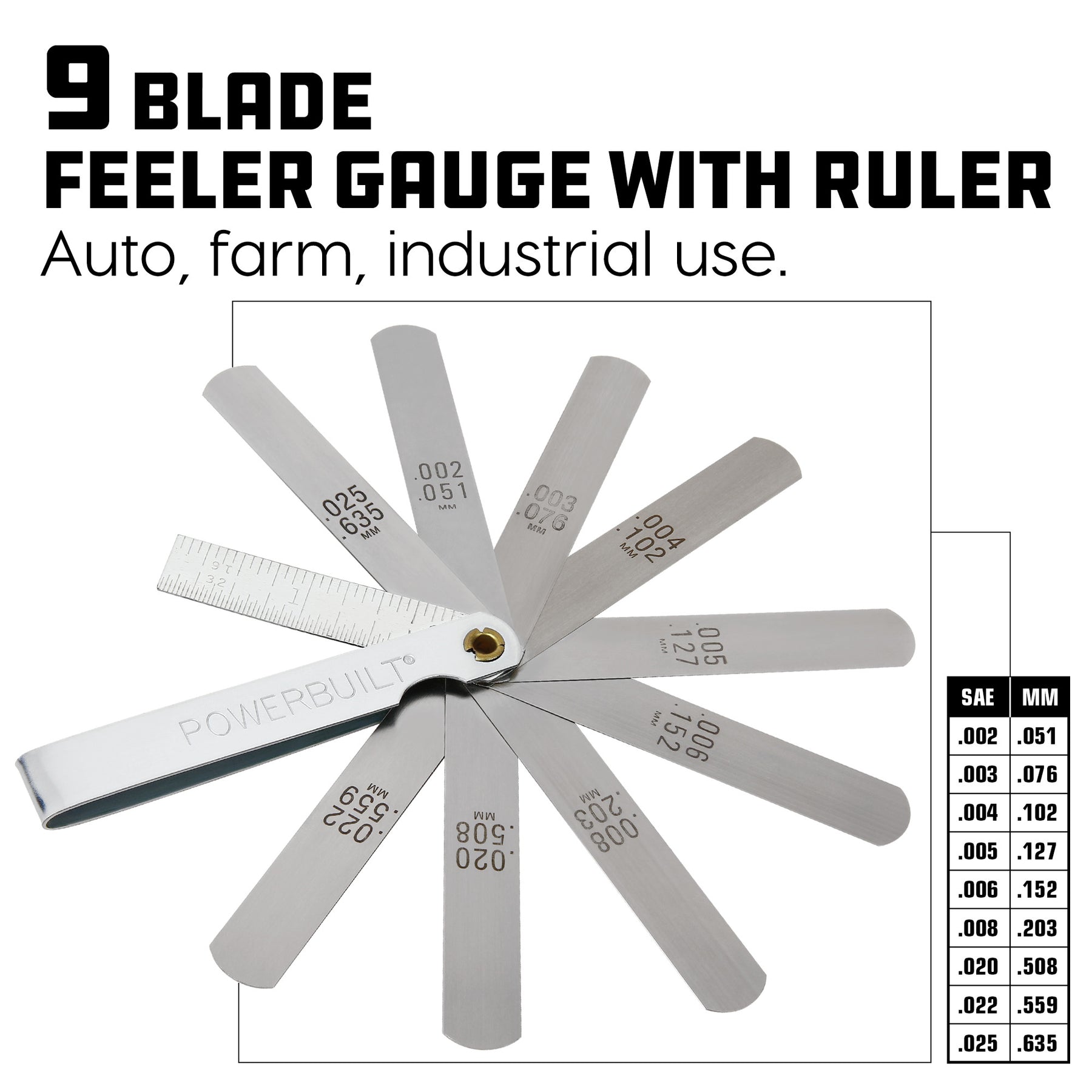 Powerbuilt 9 Blade Feeler Gauge And Ruler - 648514
