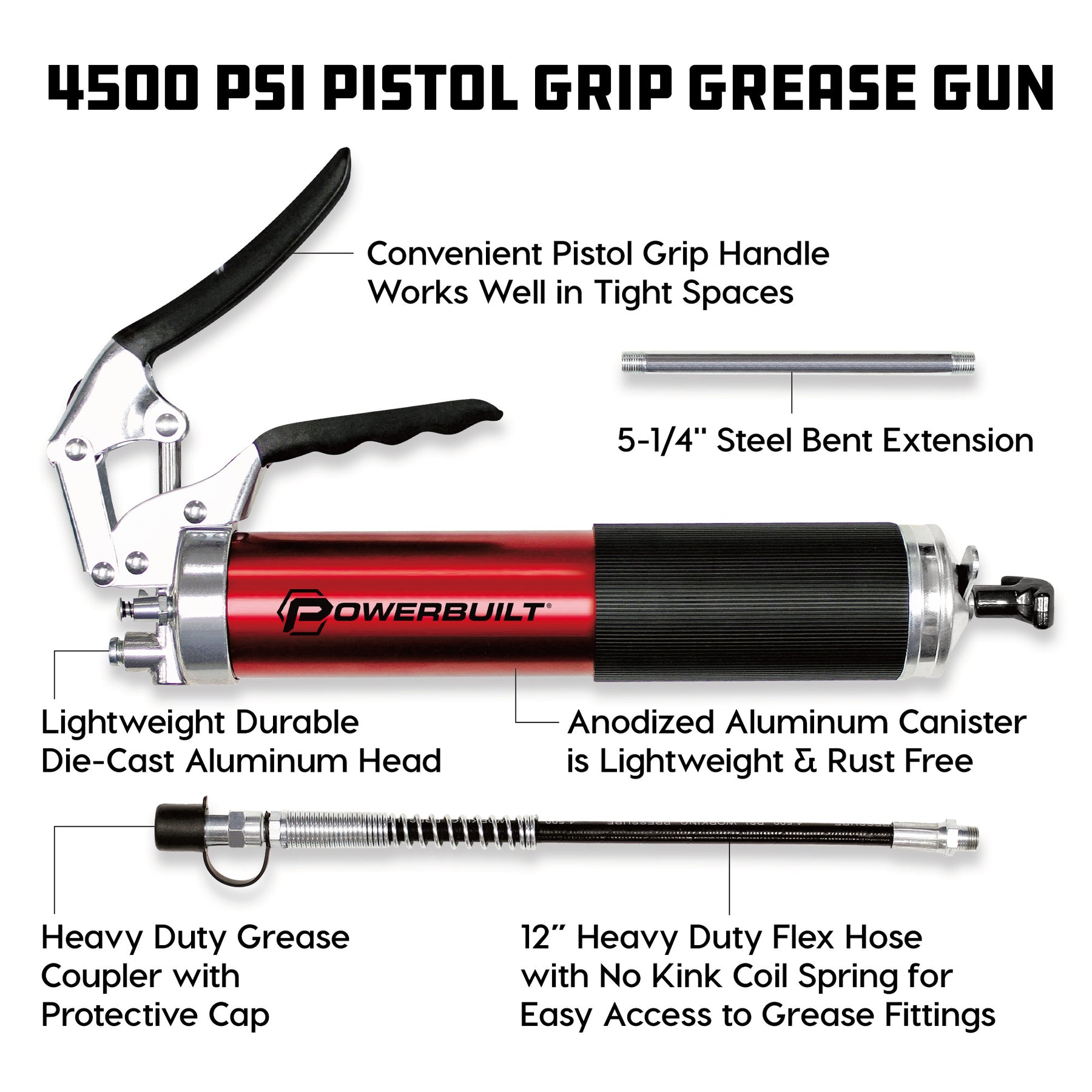 4500 PSI Anodized Pistol Grip Grease Gun