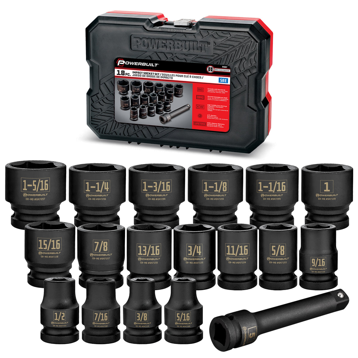 18 Piece 1/2 in. Dr. SAE Impact Socket Set