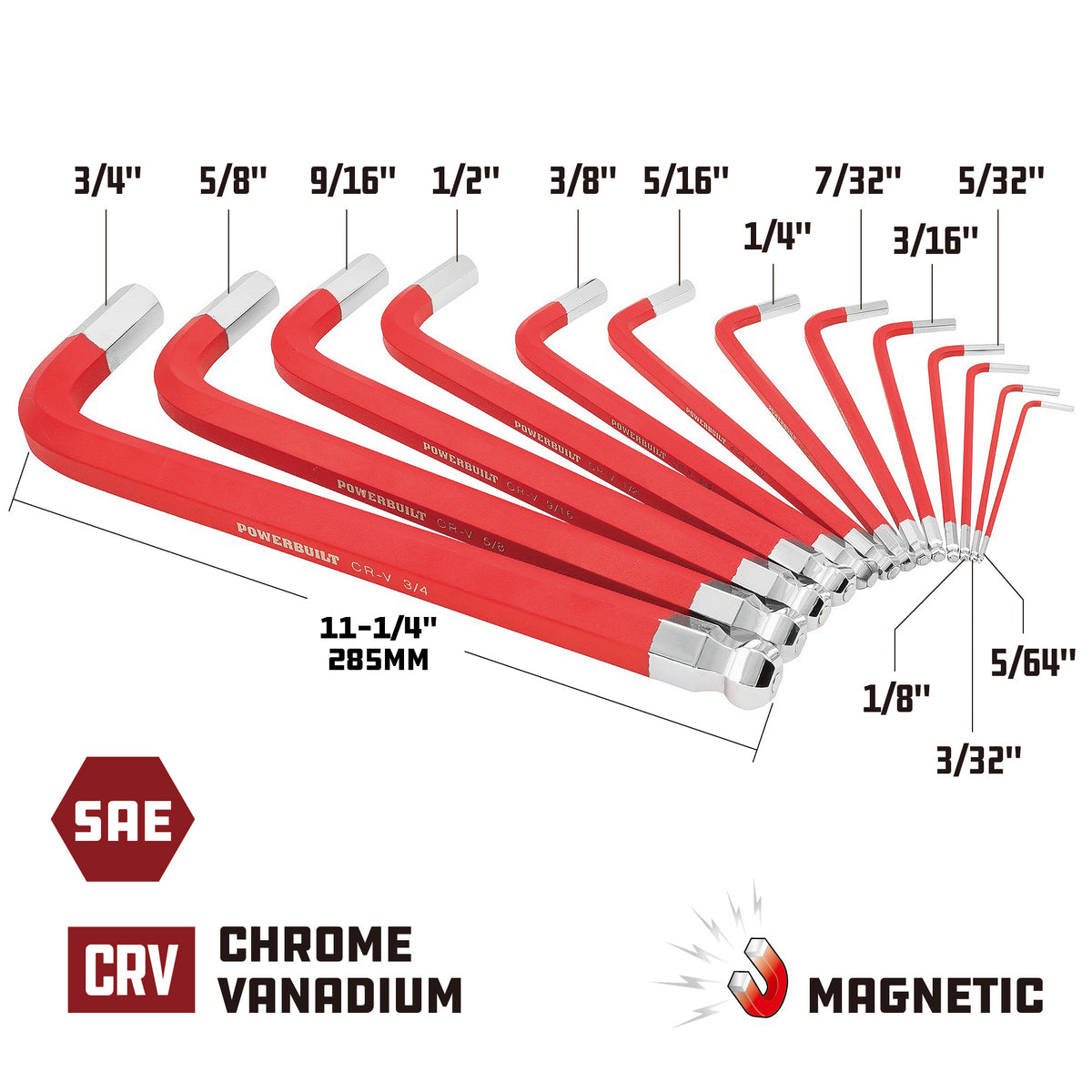 13 Piece SAE Long Arm Magnetic Hex Key Wrench Set