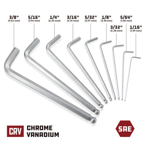 9 Piece SAE Long Arm Hex Key Wrench Set